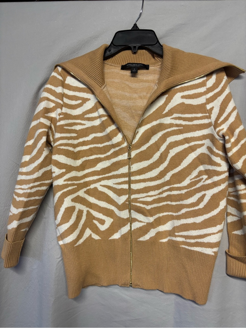 Marc New YorkZebra Print Zip-Up Cardigan in Camel & White